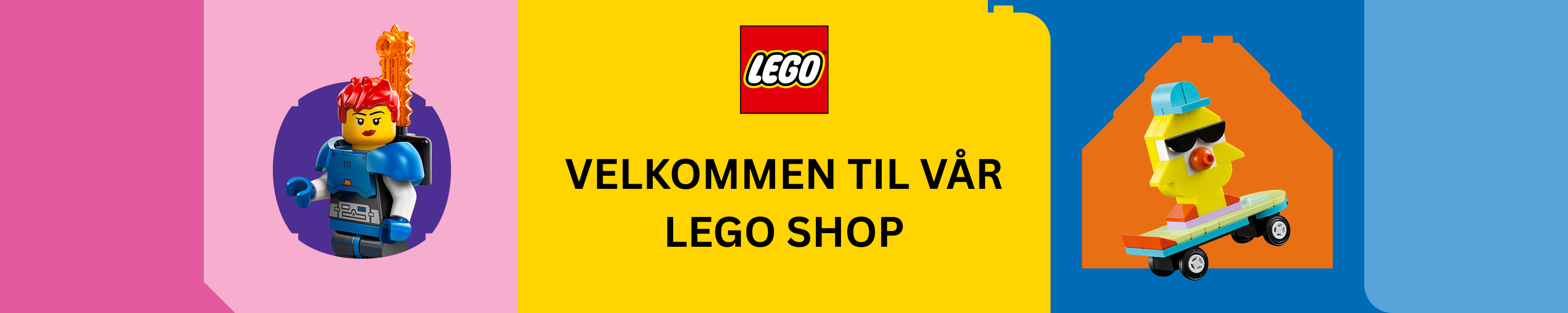 LEGO minifigur og kylling på skateboard i fargerikt design, velkommen til LEGO shop