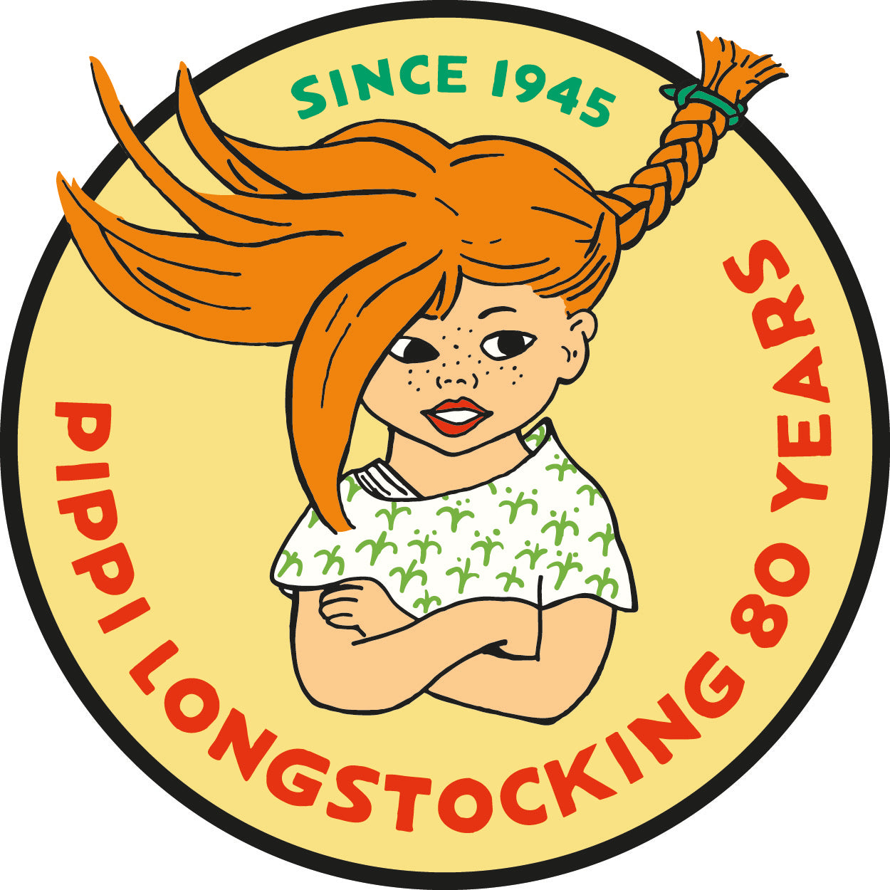 Pippi Langstrømpe 80 år logo med rød hår og grønn tekst siden 1945