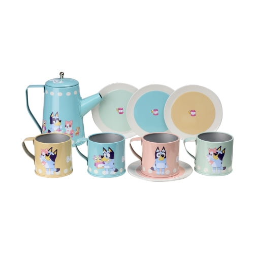 Blått lekeservise med Bluey-motiver, kopper, tekanne og tallerkener for barn