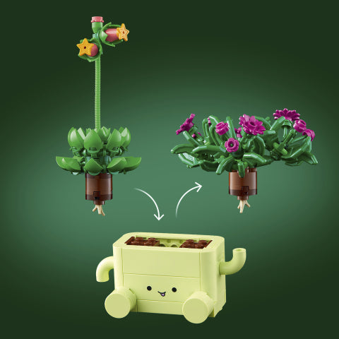 LEGO blomster i potter med gullfisk og grønne blader, perfekt leke for barn
