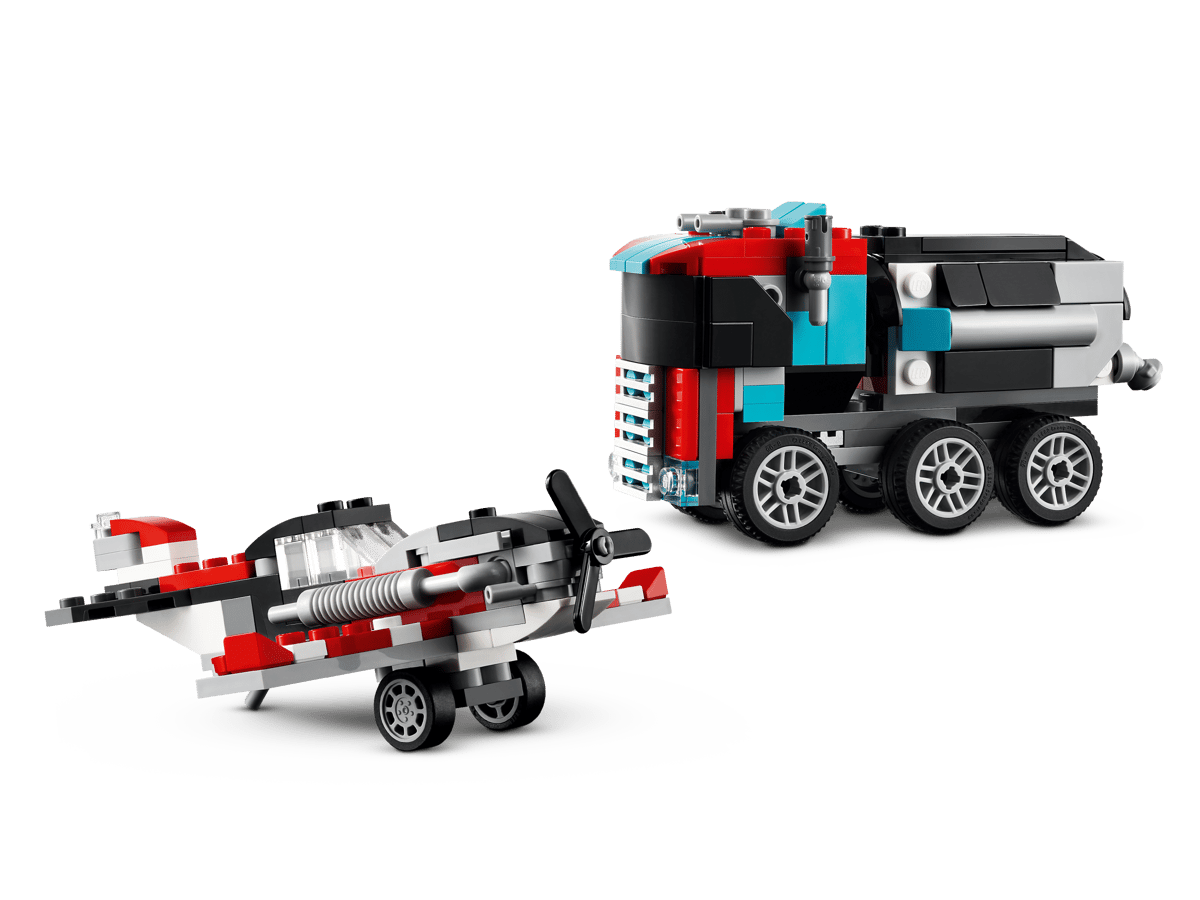 LEGO fly og lastebil i rødt, svart og blått, perfekt for barns lek og kreativitet