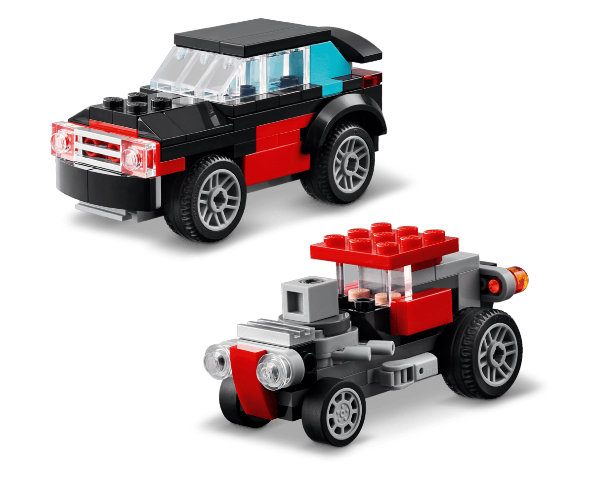 LEGO bilsett med rød og svart bil og racerbil, perfekt leketøy for barn
