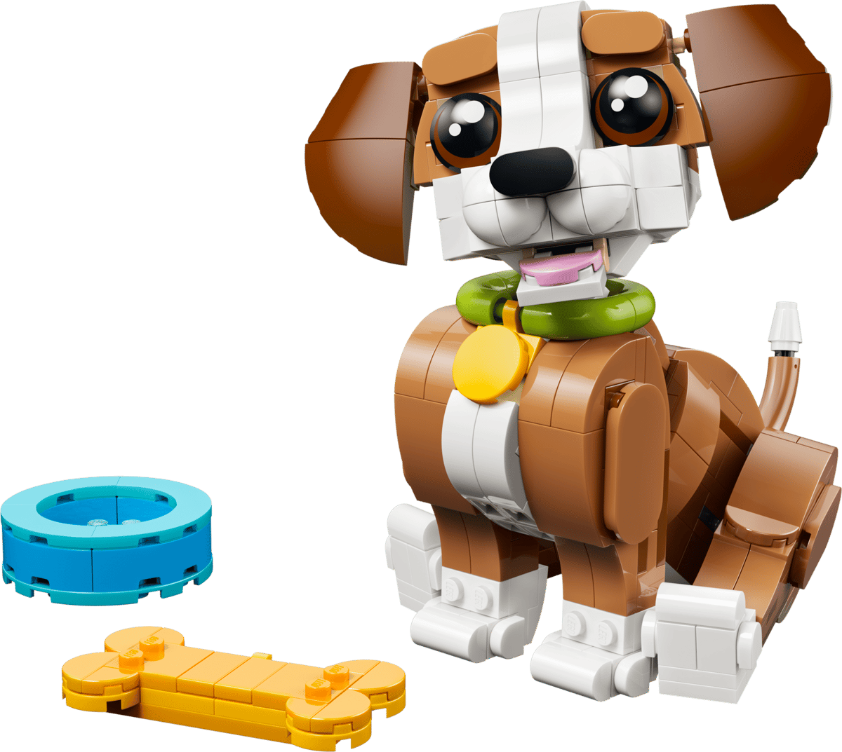 LEGO hund med grønn halsbånd, blå skål og gul beinleke – perfekt barnelek