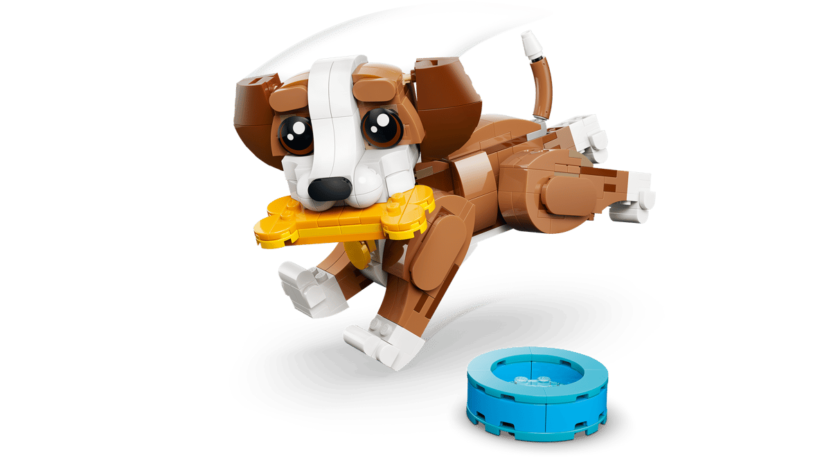 LEGO hund med gule ben og blå skål, leketøy for barn