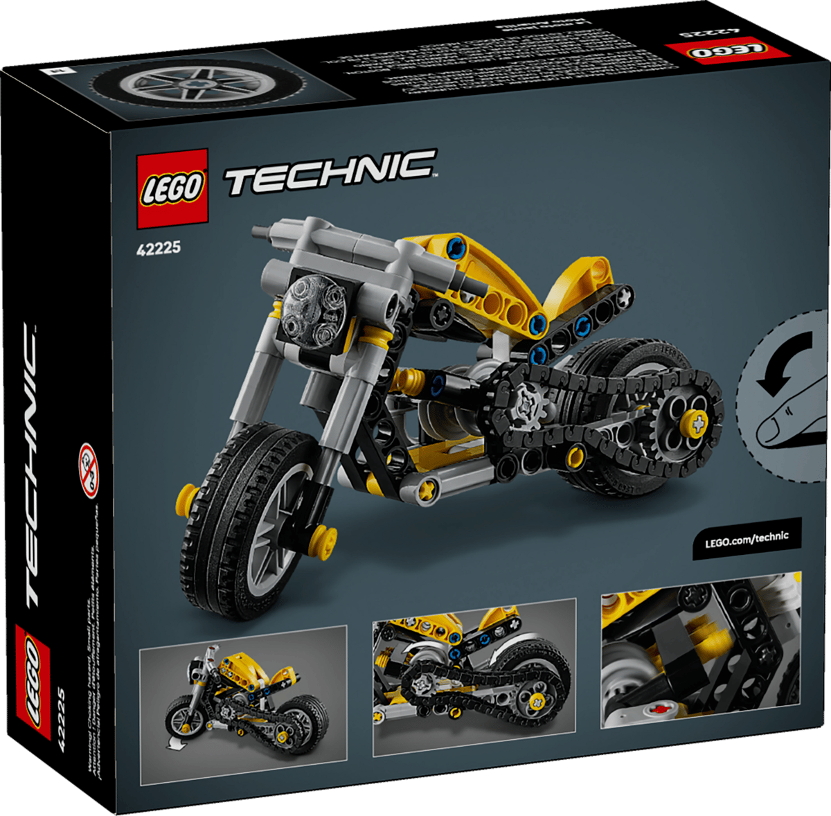 LEGO Technic 42225 motorsykkelbyggesett med gule og grå deler, perfekt for barn som liker mekaniske leker