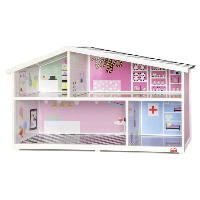 Lundby dukkehus med fargerik veggdekor, butikker og sykerom for barn