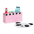 Lundby butikktilbehør leke med rosa disk, tyggegummimaskin, kasseapparat, små biler og panda-matte.