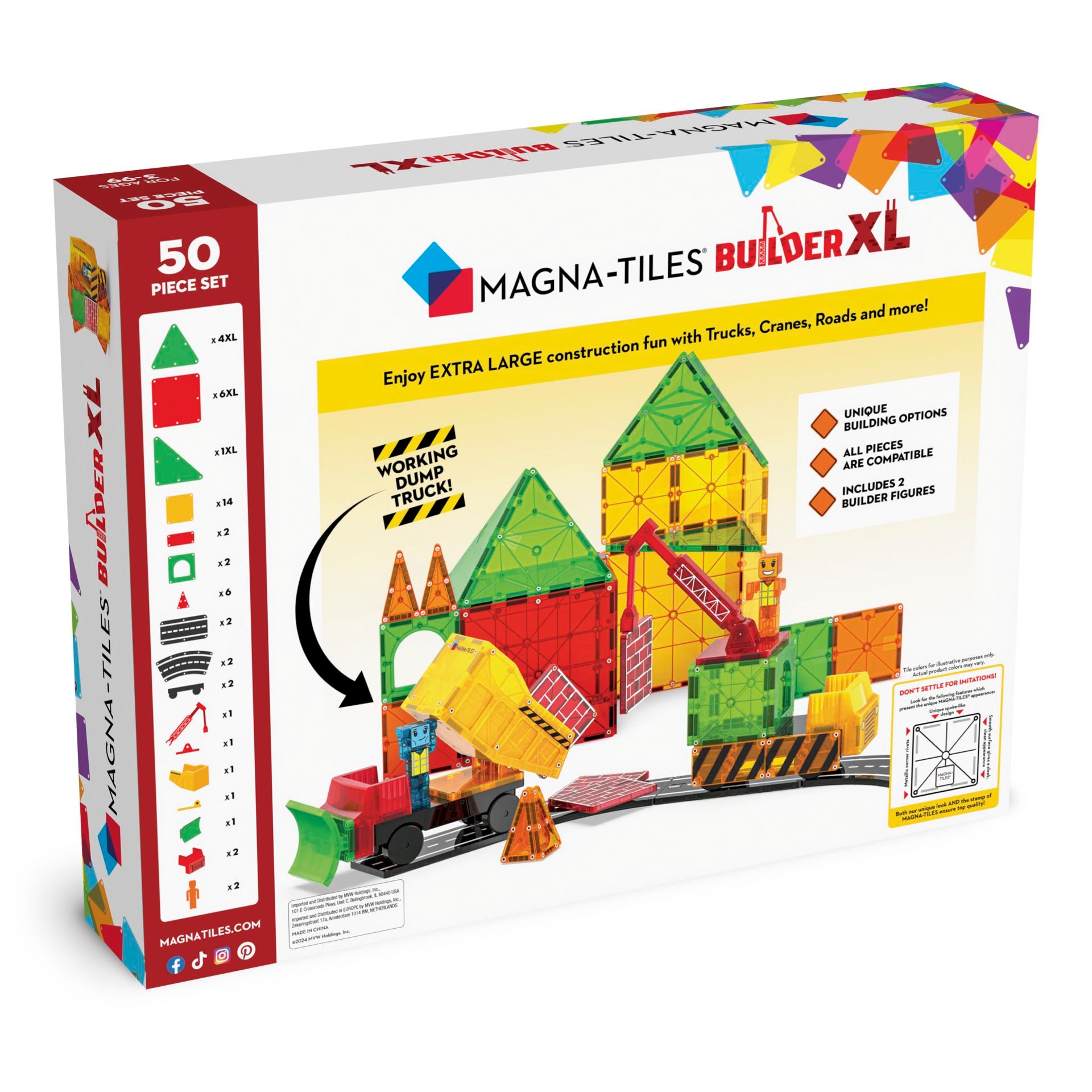 Magnetiske byggeklosser Magna-Tiles Builder XL, 50 deler, med arbeidsbil på hvit eske