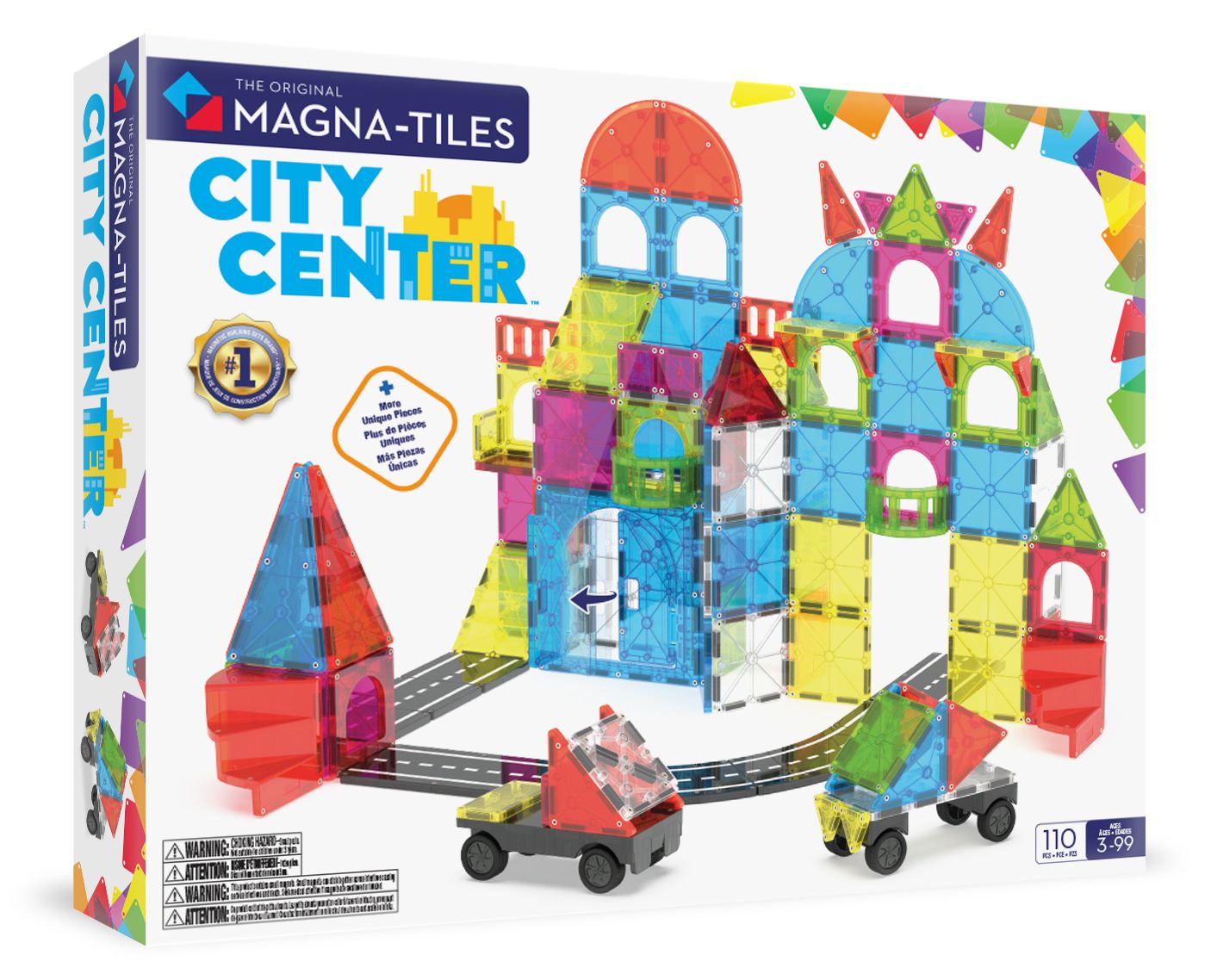 Magna-Tiles Byens Sentrum magnetiske byggeklosser, 110 deler, fargerik byggesett med biler