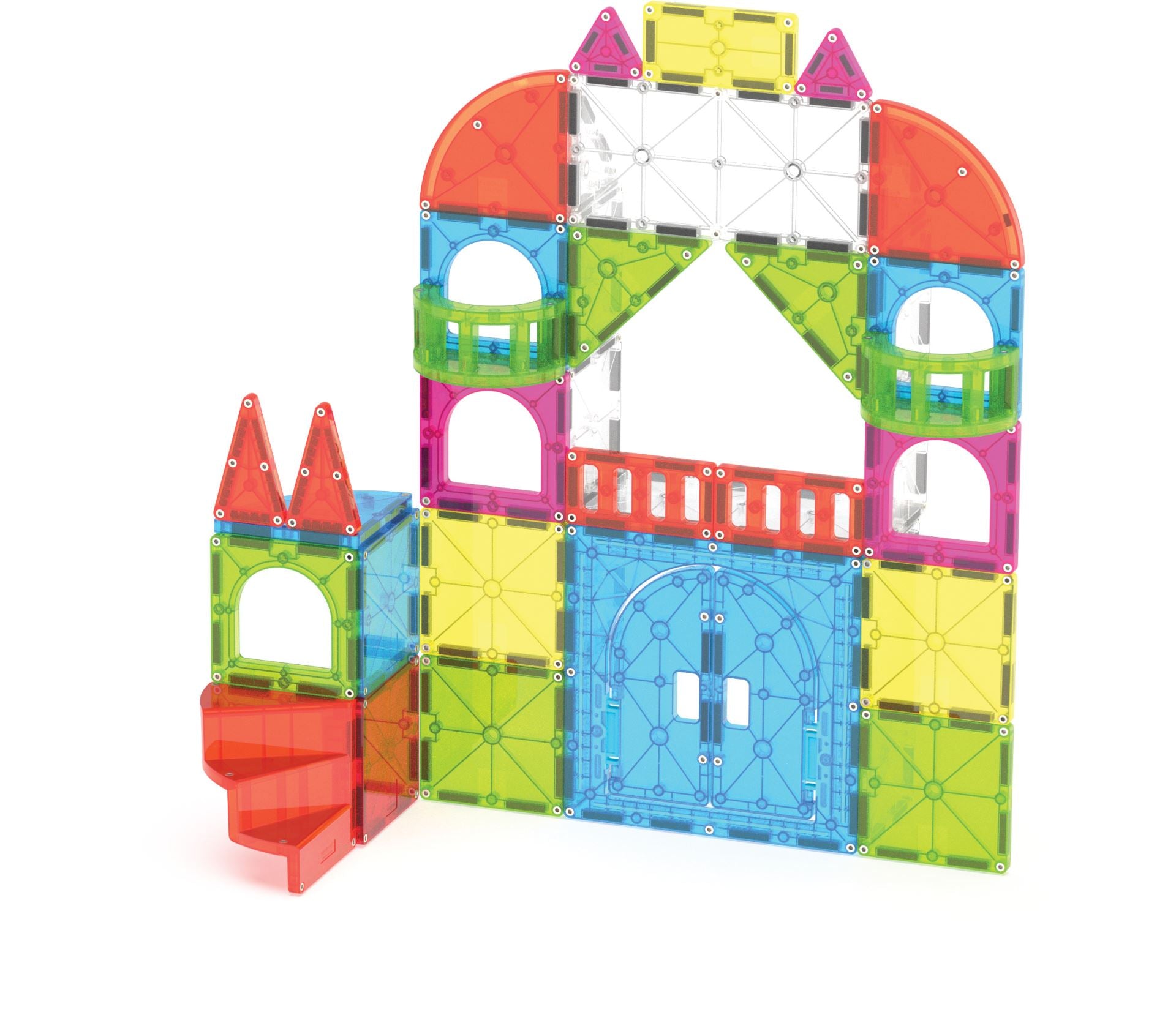 Fargerik bygning laget av magnetiske byggeklosser for barn, Magna-Tiles sentrum sett.