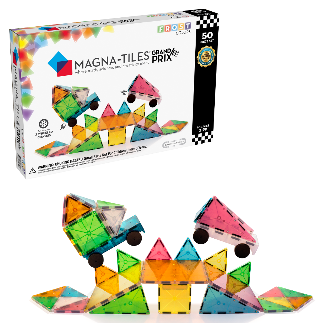 Magna-Tiles Grand Prix magnetiske byggeklosser, 50 deler, fargerike med kjøretøy