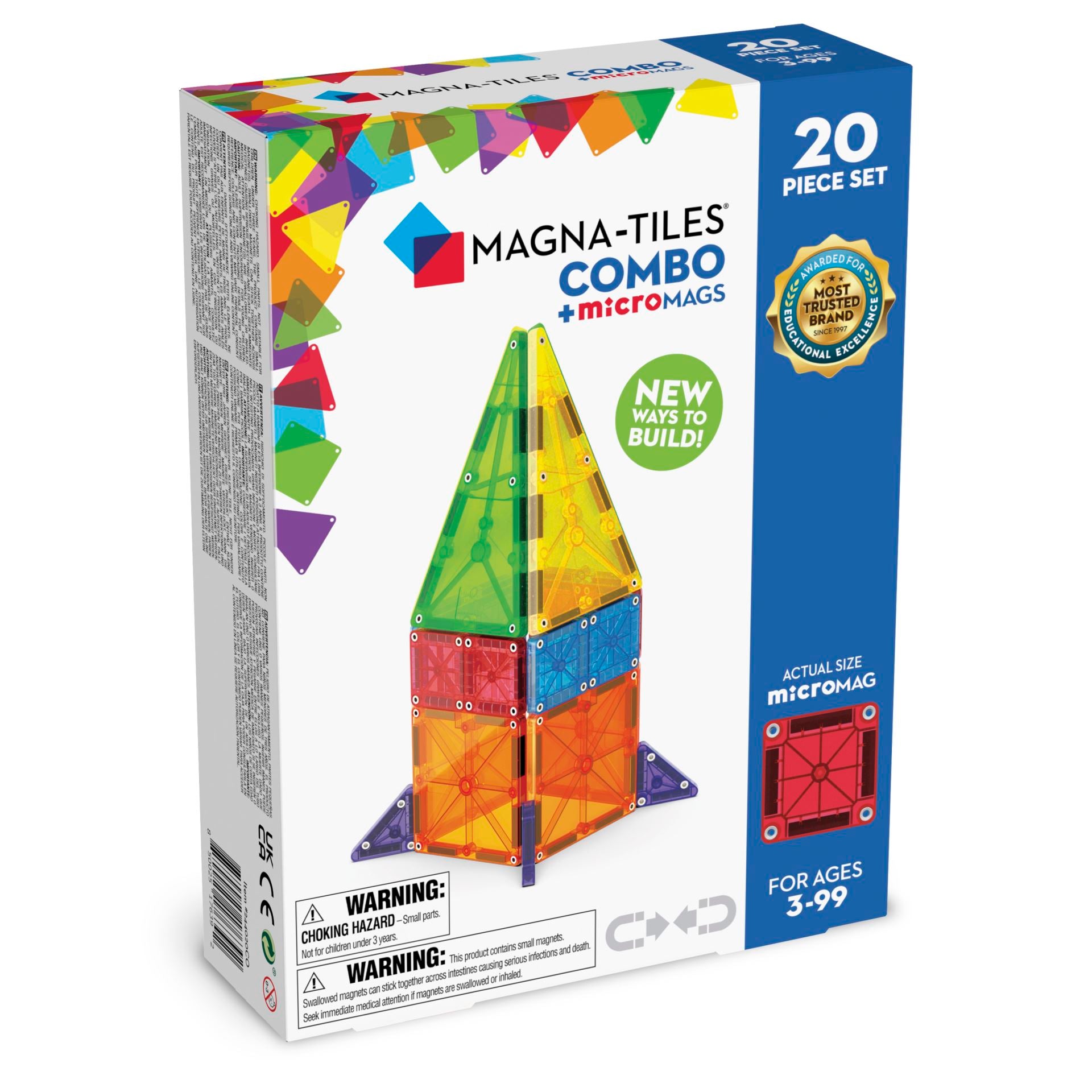 Magnetiske byggeklosser Magna-Tiles Combo, 20 deler, fargerik eske for barn 3-99 år
