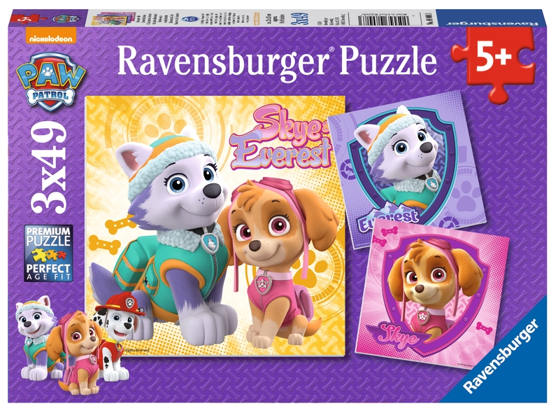 Paw Patrol puslespill 3x49 brikker med Skye og Everest motiv for barn fra 5 år.