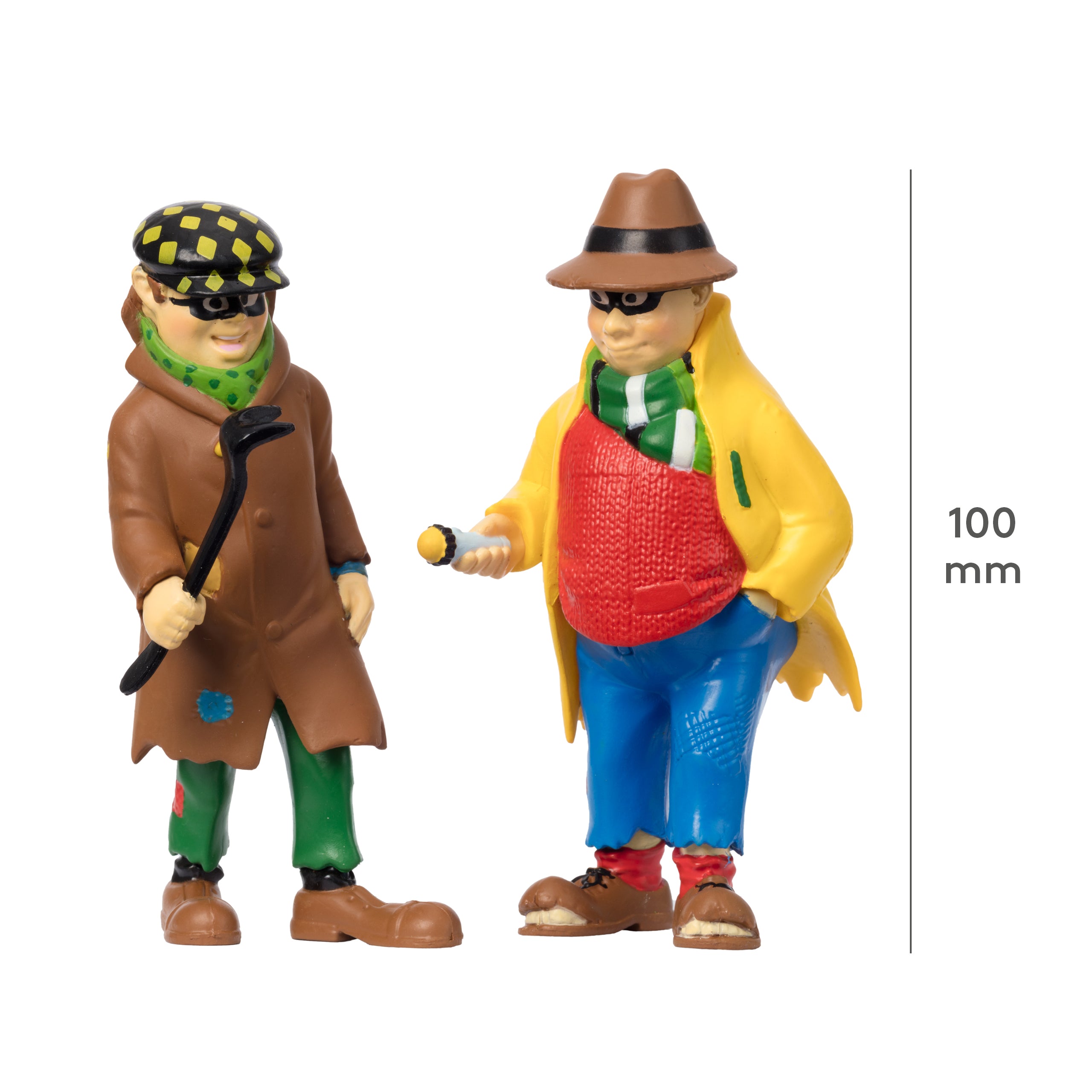 To lekefigurer i kriminell drakt med hatt, maske og verktøy, ca 100 mm høye