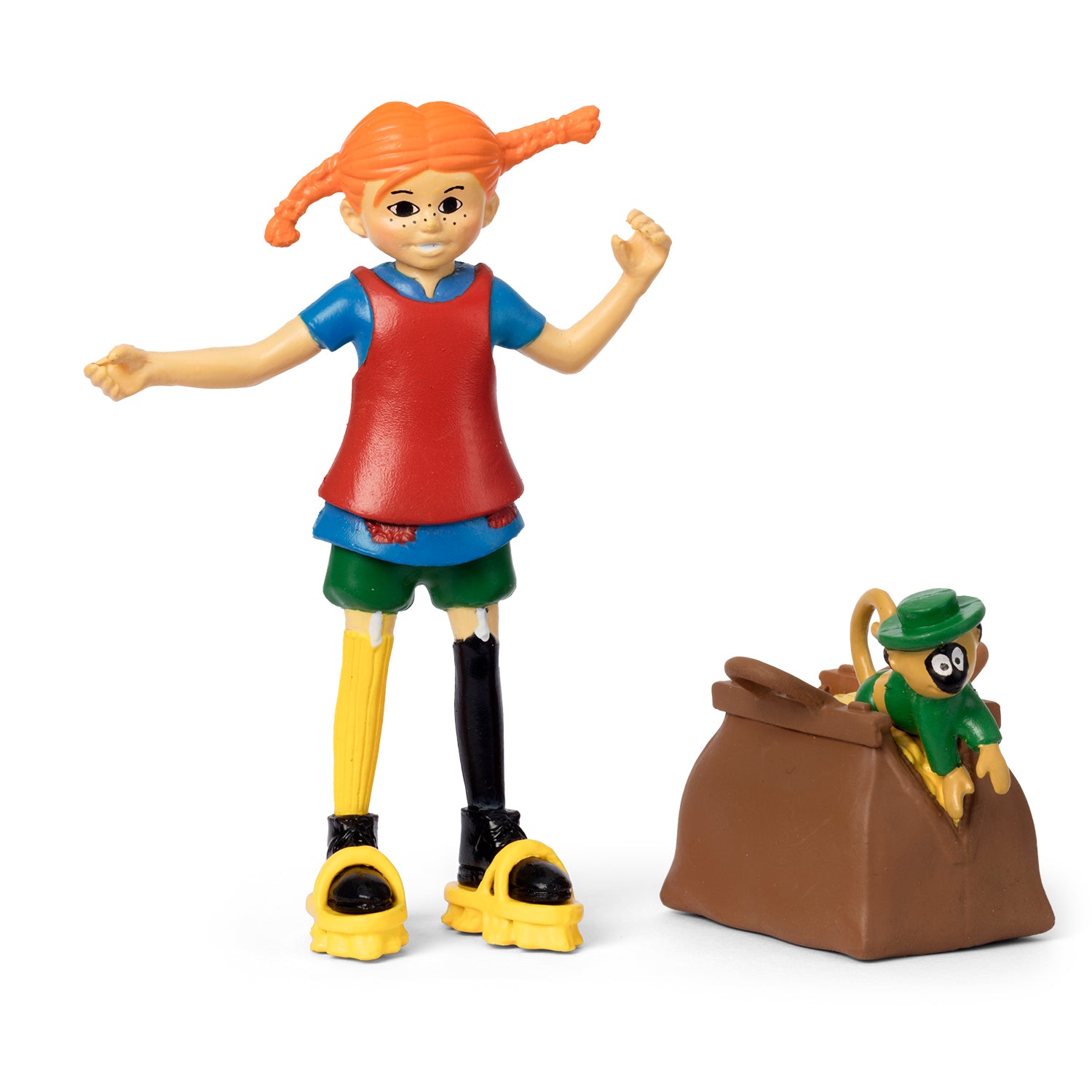 Pippi Langstrømpe lekefigur med ape i pose, barneleker med fargerike detaljer
