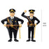 To lekefigurer i politiuniform med gule detaljer, 100 mm høye, ideelle som barneleker eller samleobjekter.