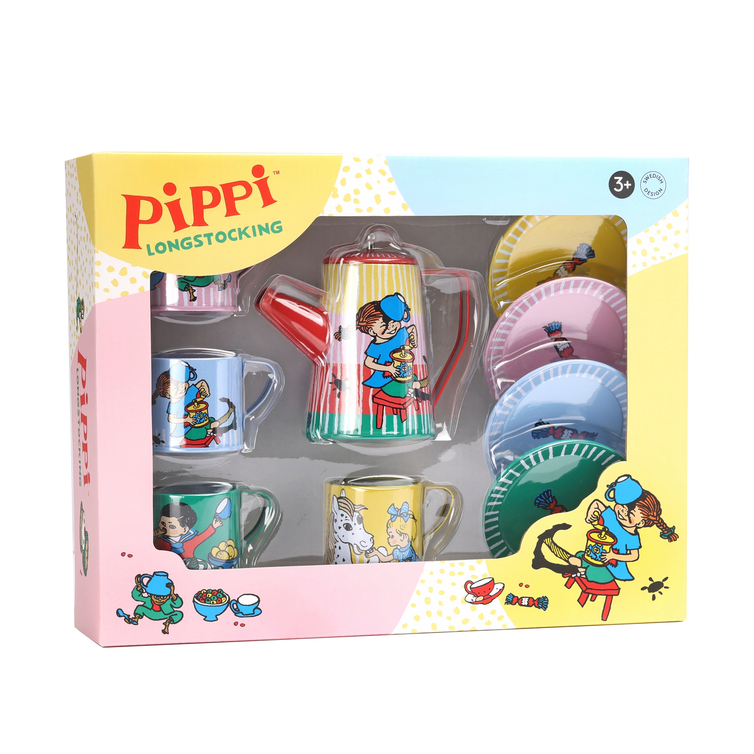 Pippi Langstrømpe leketøy teesett for barn 3+ med kopper, tallerkener og tekanne i fargerikt design