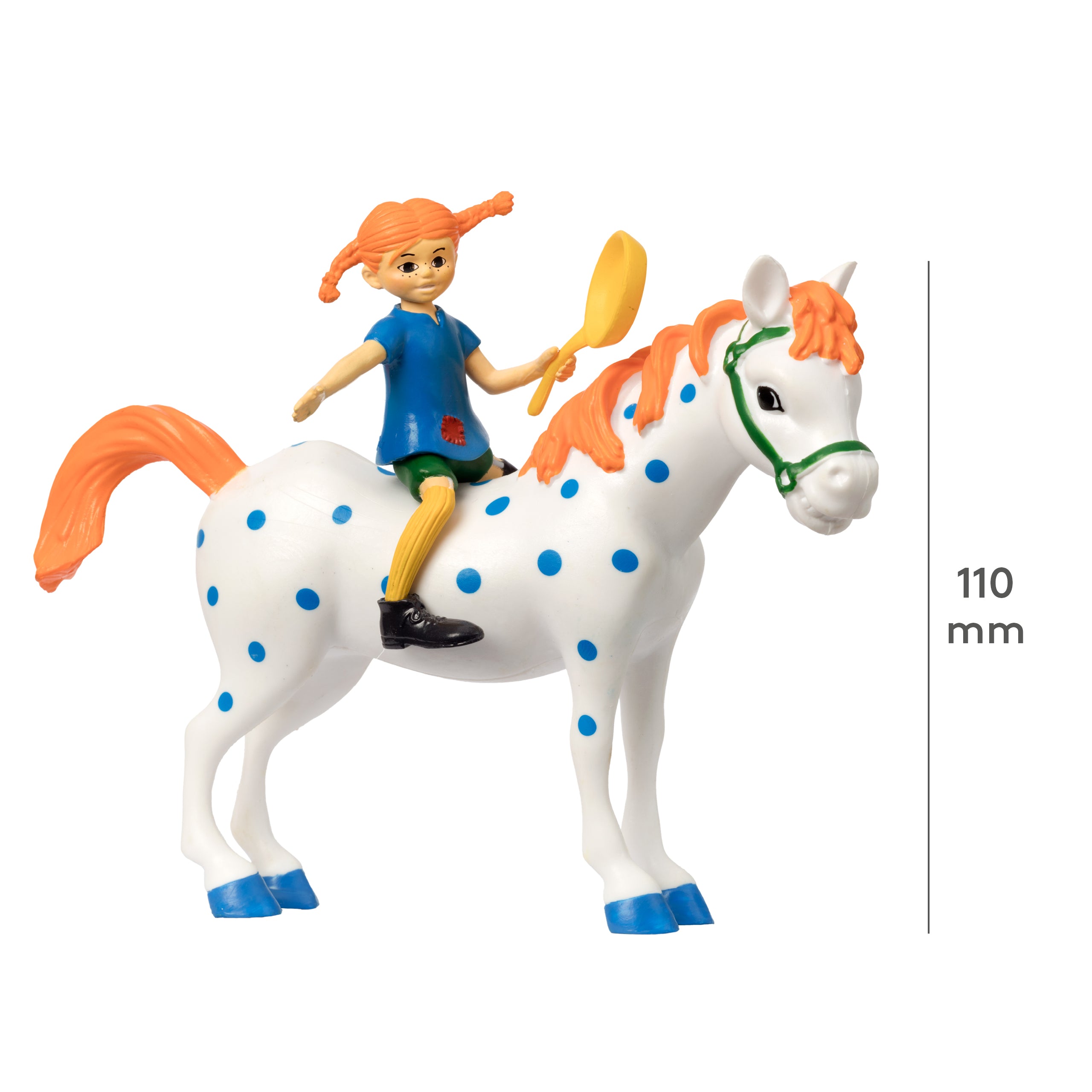 Pippi Langstrømpe leketøy med hest, blå prikker, 110 mm. Perfekt barneleke og gave.