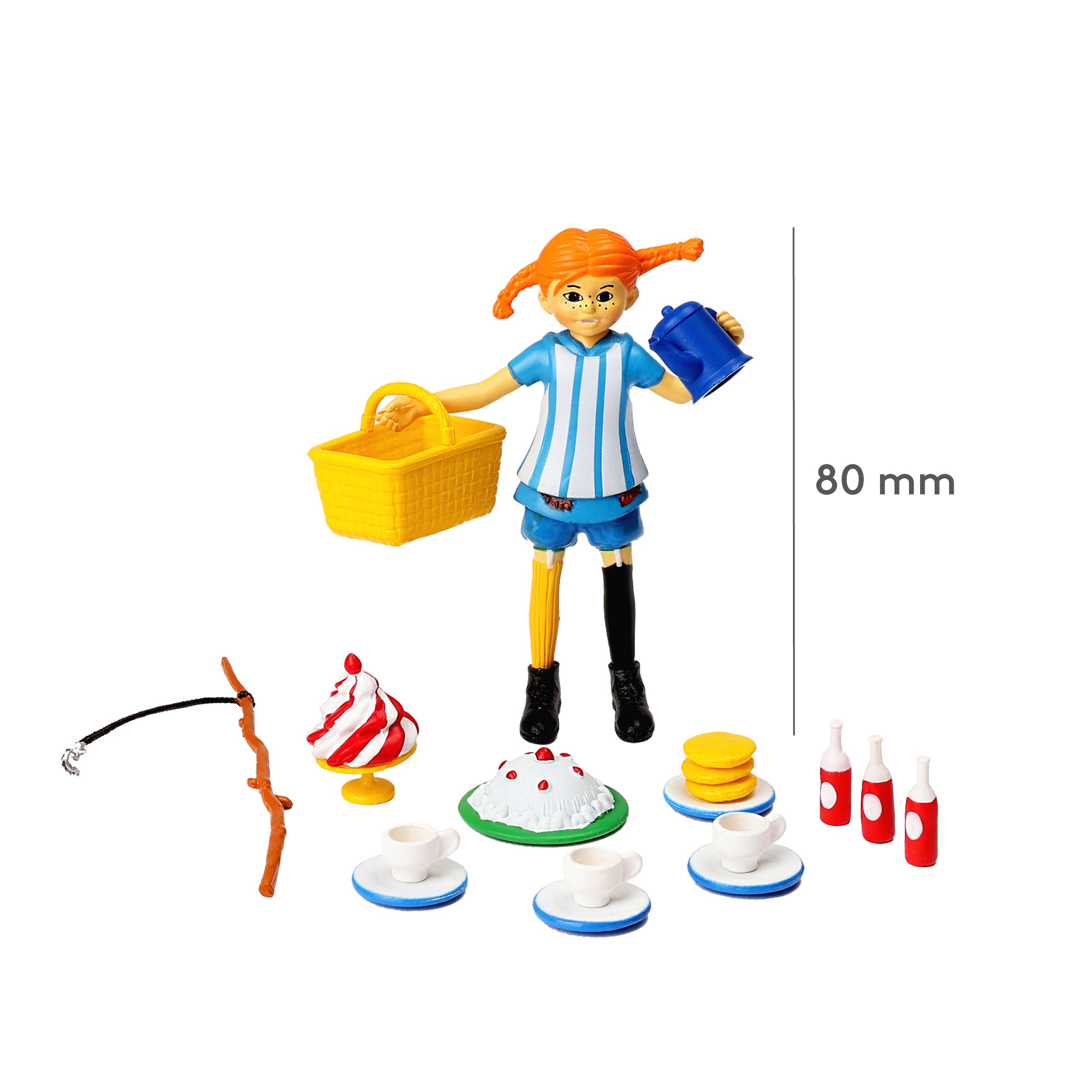Pippi Langstrømpe lekefigur med korg, kaffekopp og mat, 80 mm høy, perfekt barnelek