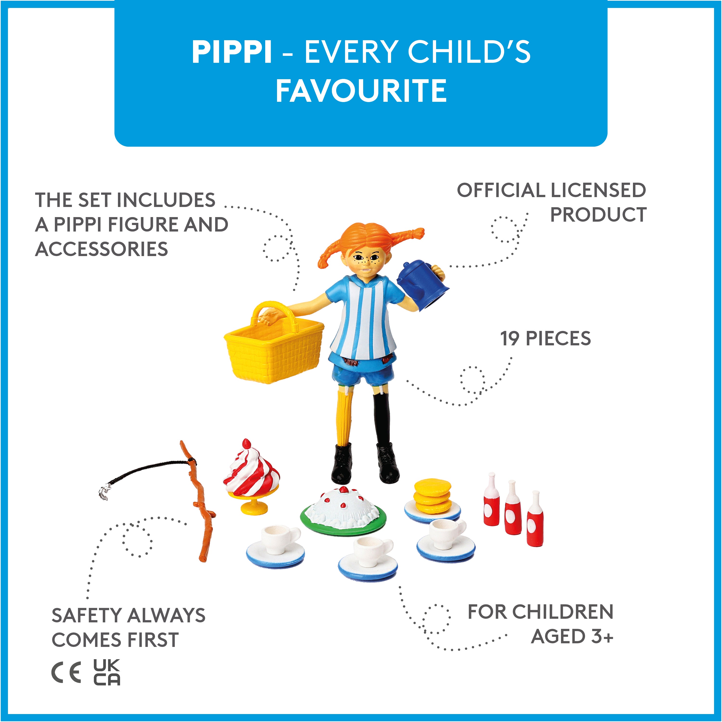 Pippi Langstrømpe lekefigur med tilbehør, 19 deler, offisiell lisensiert produkt for barn 3+ år