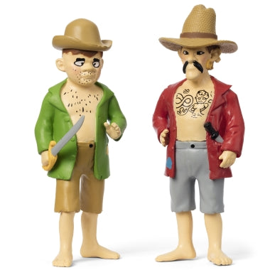 To piratfigurer med hatter, kniv og tatoveringer – perfekt for barns lek og eventyr