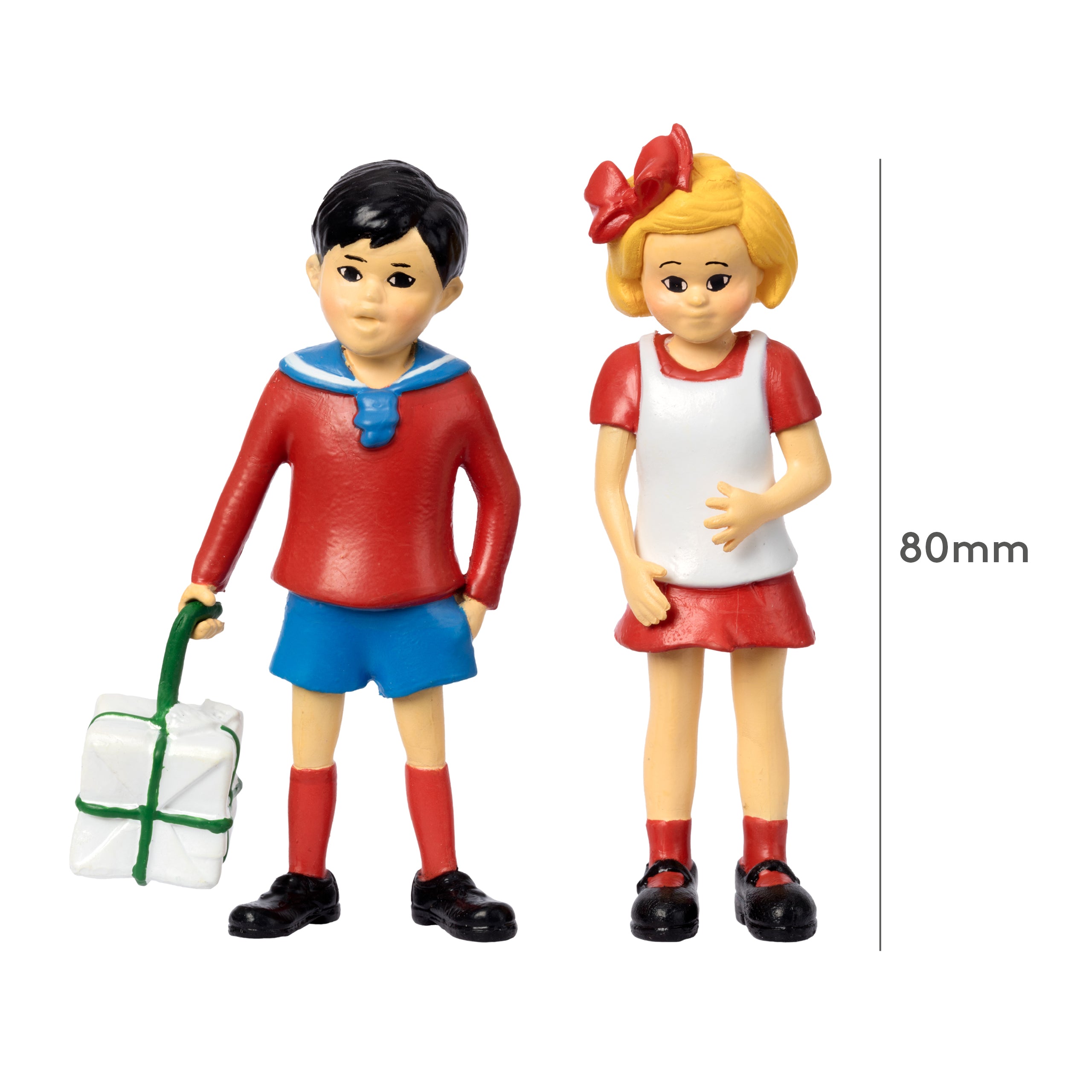 Barnefigurer i røde og blå klær, 80mm høye, med gavepose – perfekt leketøy for barn