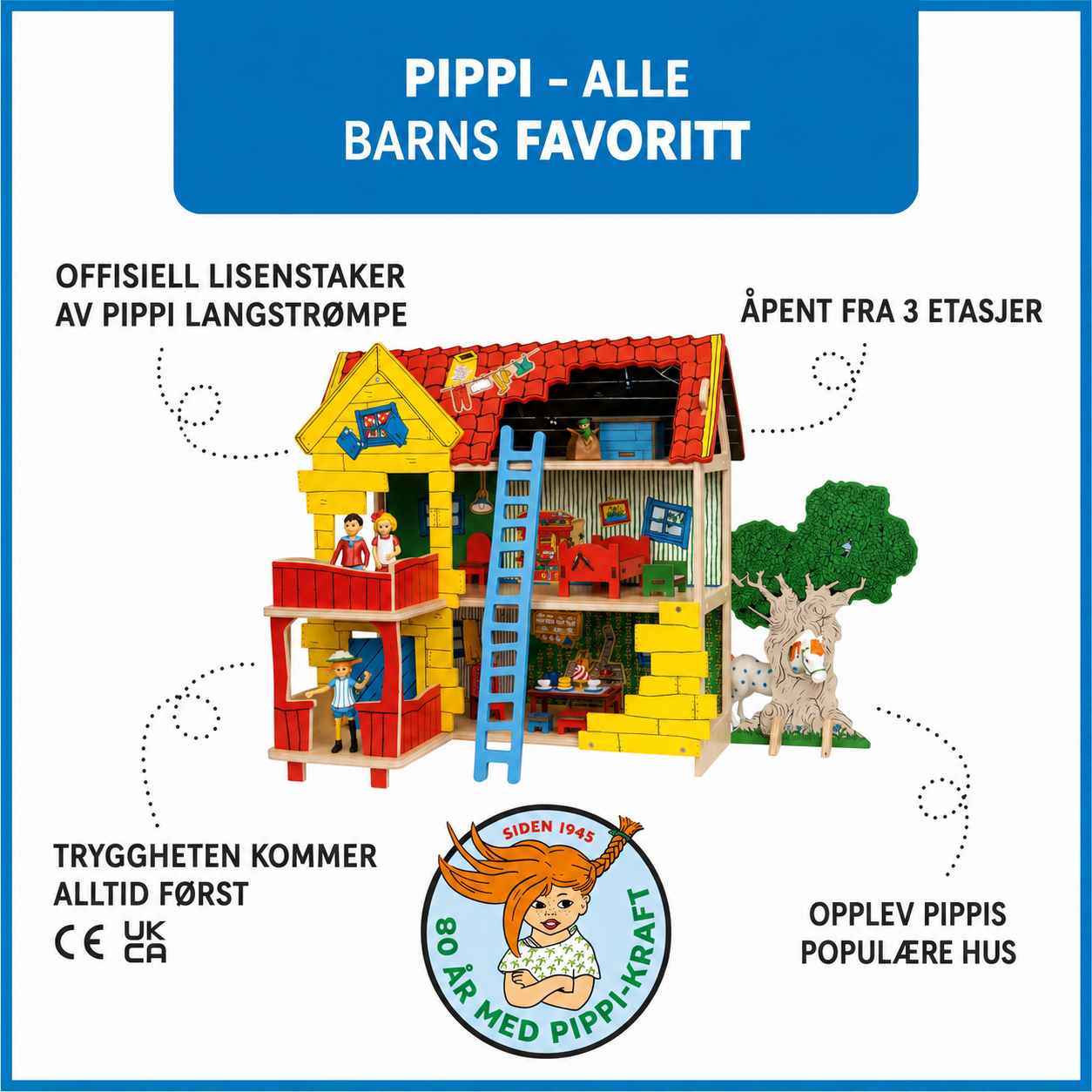 Pippi Langstrømpe lekehus med tre etasjer, figurer og trær – populært barnelek