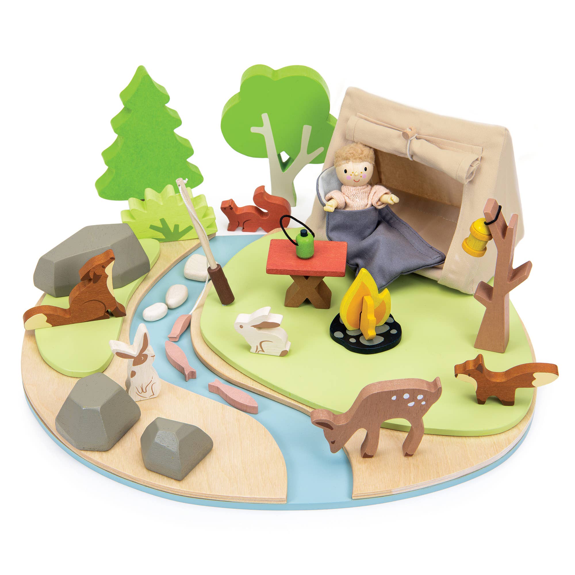 Treleketøy med campingtema, telt, bål og dyr for barns lek og fantasifull lek